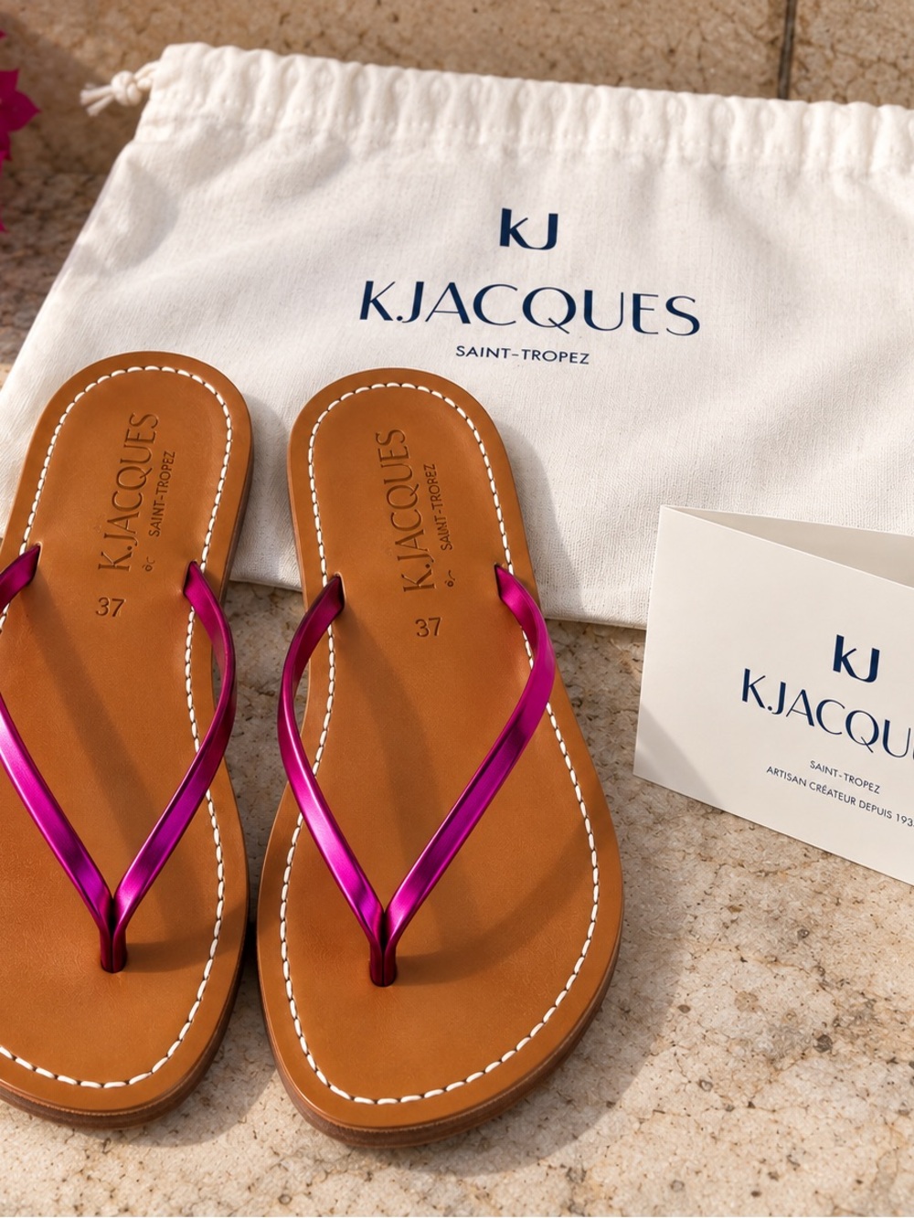 NWT K Jacques Saint Tropez Venise Metallic Fuschia Leather Thong Sandal 37 5.5-6